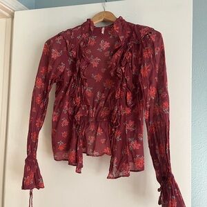 Free People Floral Ruffle Red Blouse